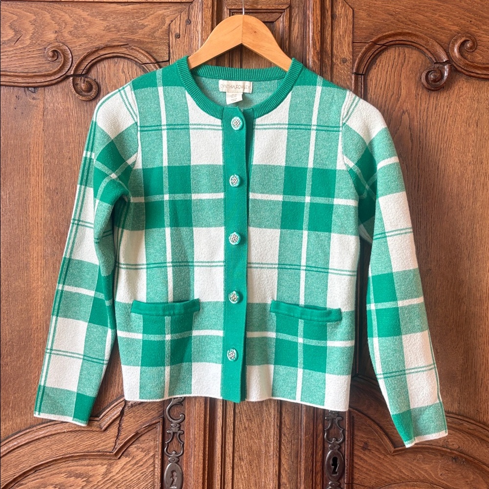 Cynthia Rowley Plaid Button Up Cardigan Green and White Long Sleeve - Picture 2 of 10